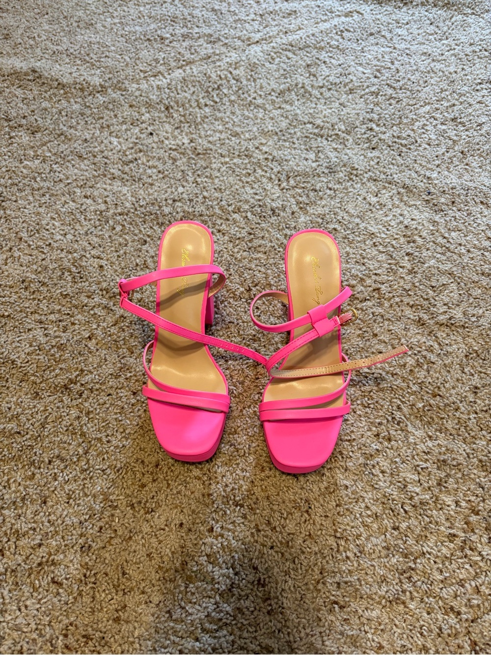 Neon Pink Strappy Block Heel Sandals